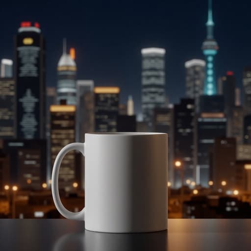 세라믹 머그, 주방용품, 아늑하고 도시적이며 고요한, 따뜻한 도시의 밤 조명, 흐릿한 고층 빌드 반사.