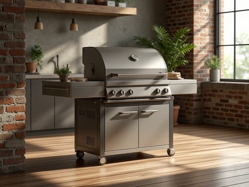 야외 그릴, 스포츠, 여가, 장비, 산업적인 세련미, 자연스러운 아침 빛, 로프트 스타일 아파트 내부, 노출된 벽돌 벽, 나무 바닥, 큰 창문.