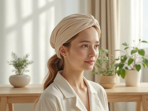 헤어밴드, 홈웨어, 아늑하고 평화로운 미니멀리스트, 스칸디나비아 스타일의 집, 밝은 나무 장식, 화분 식물, 자연광, 얇은 커튼.