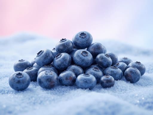 냉동 블루베리, 식품, 밀키트, 평화롭고 신선한, 연한 분홍색에서 연한 파란색으로 변하는 파스텔 그라데이션 배경.