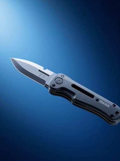 다용도 커터 나이프, 도구, DIY, 커터, 전문적이고 정밀하며 세련된, 부드러운 파란색 그라데이션 공간, 밝은 파란색에서 깊은 파란색으로 전환.