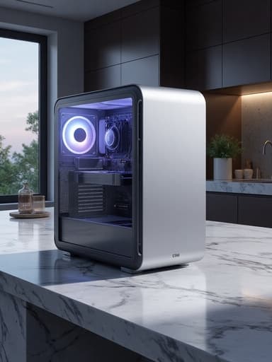 데스크탑 PC, 디지털 장치, 저녁 분위기, 자연광, 대리석 조리대와 스테인리스 스틸 가전이 있는 현대 주방.