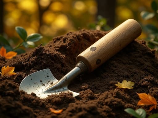 정원 삽, 야외, 여가, 따뜻하고 극적인, 풍부한, 부드러운 빛, 흙에 놓여 있고 흩어진 나뭇잎이 황금빛 석양에 비춰진.