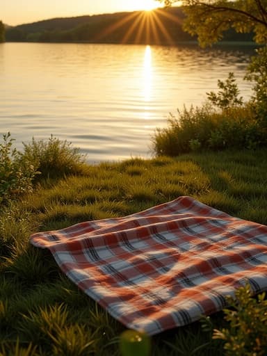 피크닉 담요, 야외 여가, 직물, 차분하고 따뜻하며 자연스러운, 잔잔한 호숫가, 황금빛 일몰, 풀 가장자리, 물에 부드러운 잔물결.
