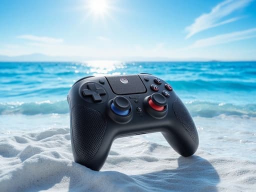 게임 패드, 전자 제품, 주변 기기, 밝고 고요하며 상쾌한, 여름의 파란 바다, 맑은 하늘 반사, 황금빛 햇살이 비추는, 하얀 모래, 부드러운 물결.