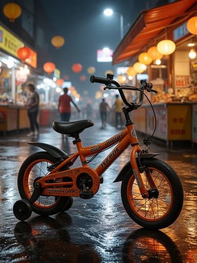 어린이 자전거, 교통 수단, 이동성, 축제 같은, 활기찬, 젖은 포장도로, 화려한 조명, 북적이는 야시장 거리, 걸려 있는 랜턴, 빛나는 음식 노점.