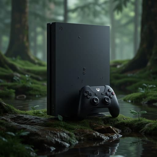 게임 콘솔, 디지털 장치, 전자 제품, 고요하고 자연스러운, 평화로운, 비 내리는 숲 배경, 안개 낀 공기, 고인 빗물의 반사.