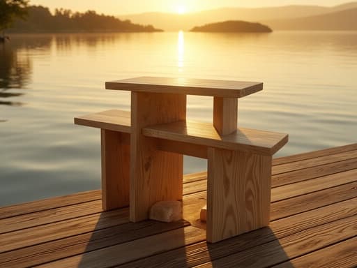 3단 사이드 테이블, 가구, 온화한 분위기, 따뜻한 색조, 호수에 반사된 황금빛 석양, 부드러운 물결, 희미한 수평선.