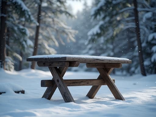 캠핑 테이블, 야외 장비, 가구, 차갑고 고요하며 평화로운, 눈 덮인 겨울 숲, 눈이 내리고, 흐린 하늘, 밀집한 가지들.