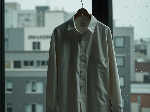 오버사이즈 셔츠, 패션, 의류, 의복, 차분하고 고요하며 내성적인, 비에 젖은 창문, 유리 위의 빗방울, 흐릿한 도시 풍경 반사.