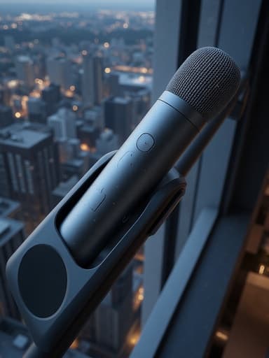 마이크, 전자제품, 액세서리, 세련되고 현대적이며 평온한, 도시 발코니 배경, 반짝이는 불빛이 있는 도시 경관, 우아한 분위기를 자아냅니다.