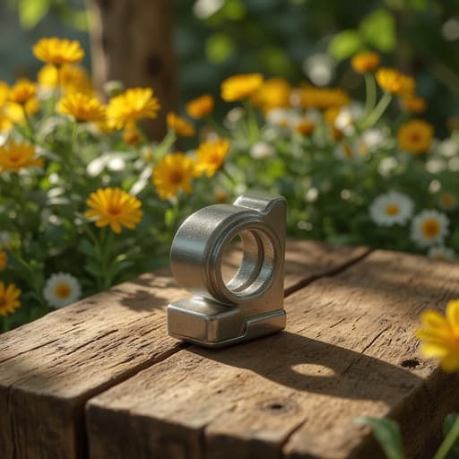 케이블 클립, 도구, DIY, 평화롭고 전문적이며 자연스러운, 꽃이 가득한 정원에 자연광이 비치는 나무 작업대.