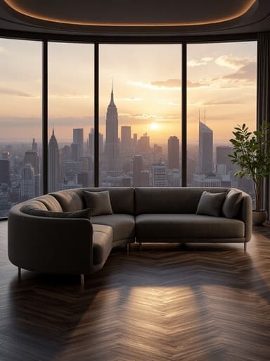 코너 소파, 가구, 좌석, 평온하고 따뜻한, 고대비, 큰 창을 통해 보이는 저녁 도시 풍경, 금빛 석양 색조, 고층 건물이 드리우는 긴 그림자.