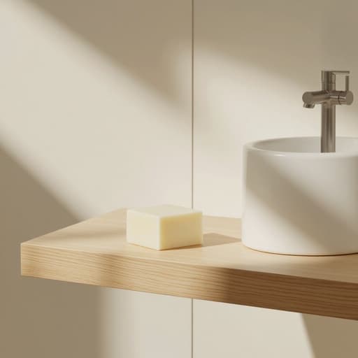 비누, 욕실 용품, 세면도구, 온화하고 깨끗하며 미니멀한, 스칸디나비아 스타일 욕실, 나무 장식 선반, 흰색 세라믹 세면대, 미니멀한 수도꼭지.
