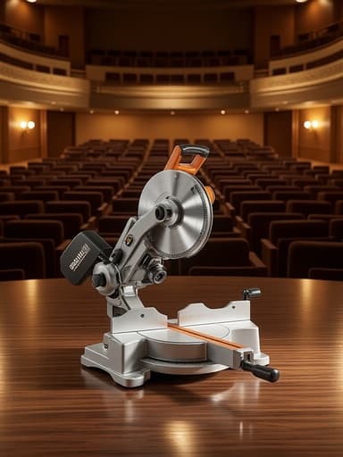 슬라이딩 미터 톱, 도구, 정밀 장비, 세련되고 우아하며 정교한, 고전 오케스트라 홀, 나무 바닥, 빈 좌석의 줄, 웅장한 무대.