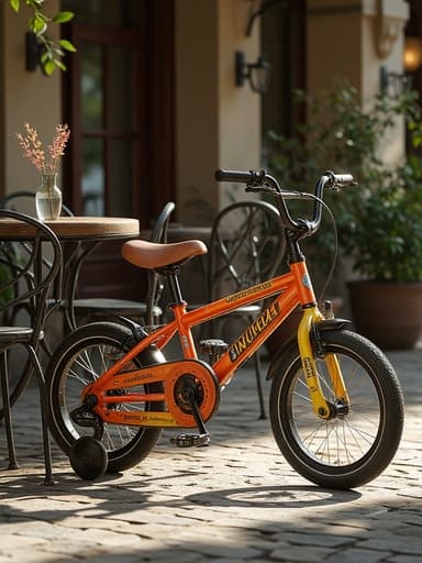 어린이 자전거, 자전거, 교통수단, 차량, 사실적이고 햇빛이 비치는 캐주얼한 분위기, 복잡한 철제 의자가 있는 프랑스 카페 테라스와 자갈길.