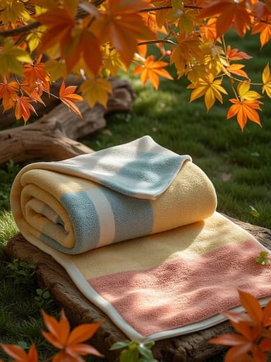 해변 타올, 야외, 여가, 평화롭고 자연스러우며 따뜻한, 가을 단풍이 있는 정원 배경, 점점이 비치는 햇빛.