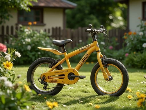 어린이 자전거, 이동수단, 장난기 가득한, 향수를 불러일으키는, 고요한 분위기, 정돈된 잔디와 꽃이 만개한 영국 정원 배경, 철제 울타리로 둘러싸인.