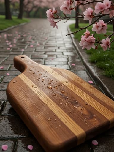 도마, 주방용품, 나무, 매끄럽게 다듬어진, 고요하고 부드럽고 자연스러운 봄, 체리 블로섬 꽃잎과 부드러운 봄비가 내리는 조약돌 길에 둘러싸여 있습니다.