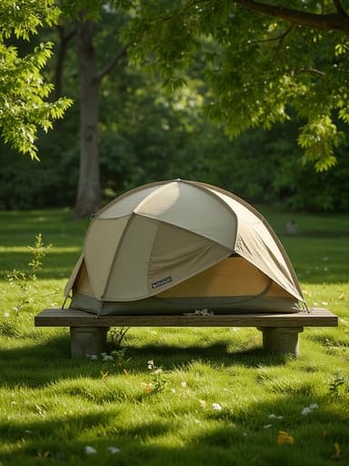 휴대용 텐트, 야외 장비, 캠핑, 고요하고 자연스러운 현실적인 분위기, 도시 공원 벤치, 푸른 잔디, 아침 햇살이 자연의 그림자를 드리우고 부드러운 초점 배경.