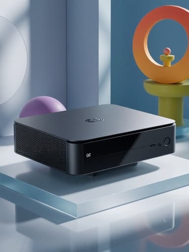 게임 콘솔, 디지털 장치, 전자 제품, 현대적이고 예술적이며 세련된, 현대 미술 요소와 추상적인 컬러 조각에 둘러싸인 역동적인 선과 형태.