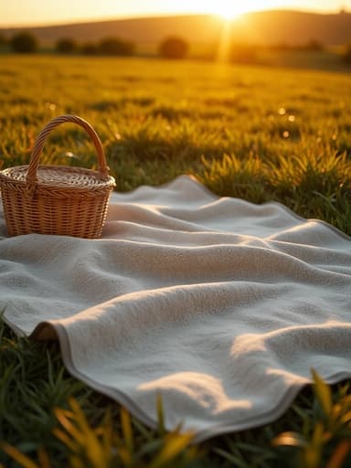 피크닉 담요, 야외 여가, 액세서리, 아늑하고 초대하는 따뜻함, 황금빛 석양의 잔디밭, 따뜻한 색조, 지평선.