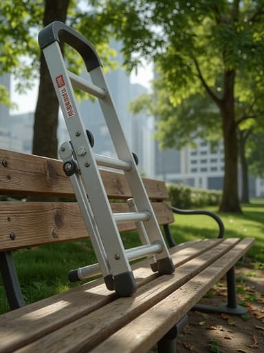 접이식 사다리, 도구, DIY, 도시적이고 평화로운 현실, 도시 공원 벤치, 점점이 비치는 햇빛, 자연스러운 나무 질감, 흩어진 나뭇잎, 흐릿한 도시 풍경.