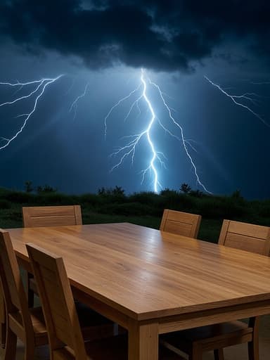 네 사람용 식탁, 가구, 극적인, 번개가 비추는 폭풍우 치는 밤하늘, 어두운 구름, 비에 젖은 환경, 강렬한 대비.