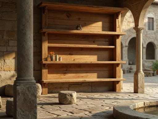 나무 선반, 가구, 오크, 브래킷, 따뜻하고 진정한, 시골의, 고요한, 이탈리아 광장 배경, 오래된 돌 포장, 분수, 낡은 돌 벤치, 자갈길.