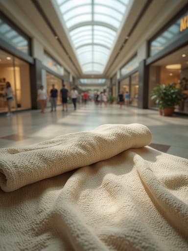 피크닉 담요, 야외 여가, 짜여진 직물, 활기차고 분주하며 생기 넘치는, 바쁜 쇼핑몰 배경, 윤이 나는 바닥 반사, 천창에서 들어오는 자연광, 부드럽게 흐릿한 사람들의 움직임.