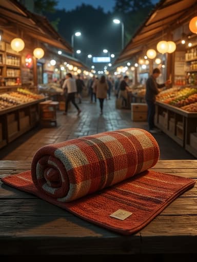 피크닉 담요, 야외 여가, 섬유, 소란스럽고 따뜻하며 활기찬, 블러 처리된 군중이 있는 소박한 나무 테이블과 함께하는 야시장 분위기.