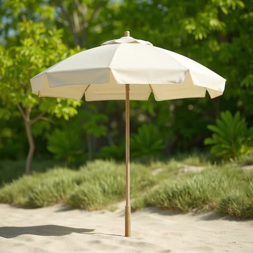 해변 파라솔, 야외 여가, 파라솔, 해변 우산, 고요하고 자연스러운 모래 해변, 생기 있는 봄의 푸른 잎.