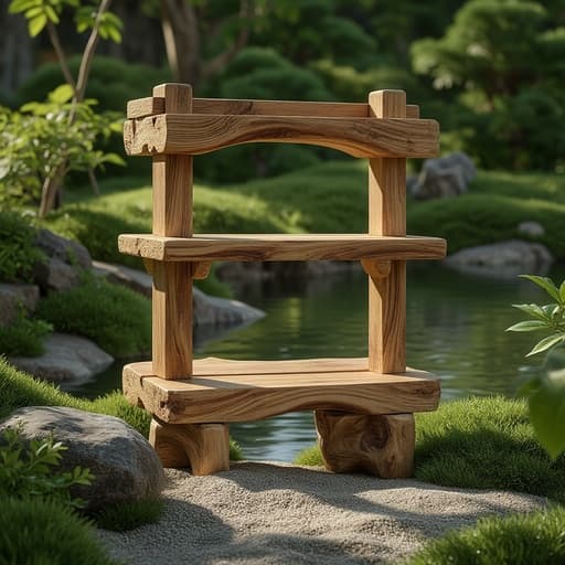 나무 선반, 가구, 홈 데코, 고요하고 평화롭고 자연스러운, 무성한 녹음과 자갈길, 자연석과 수자원을 갖춘 전통 일본 정원.