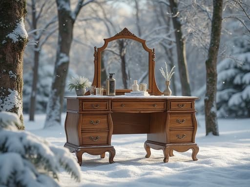 화장대, 가구, 나무 마감, 고요하고 평화로운 분위기, 자연의 눈 덮인 겨울 숲, 부드러운 확산 조명.