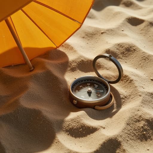하이킹 나침반, 야외 장비, 여름 파라솔 아래의 모래 해변, 햇살 가득한, 산들바람