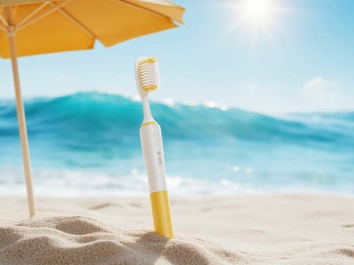 애완동물 칫솔, 해변의 파라솔 아래, 여름 설정, 편안한, 상쾌한