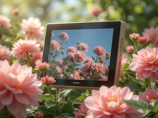 디지털 프레임, 전자, 액세서리, 꽃이 만발한 정원, 활기찬 꽃들, 꽃잎을 통과하는 부드러운 햇빛, 가벼운 그림자, 역동적인 깊이, 포토리얼리스틱, 자연광, 높은 디테일