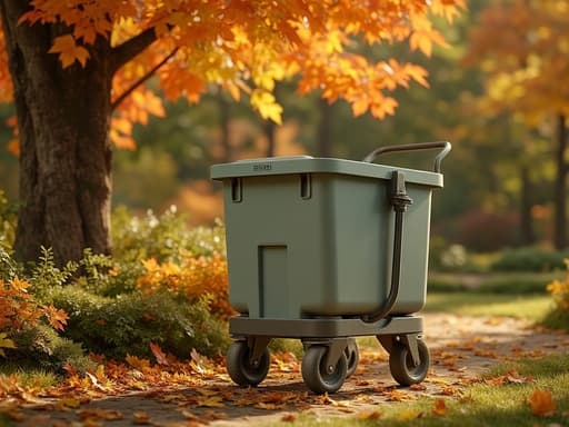 청소 카트, 정원 장비, 다채로운 잎이 있는 가을 정원, 고요한