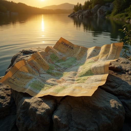 하이킹 지도, 따뜻한 햇빛, 황금시간, 잔잔한 물결의 호수, 석양 반사, 고요함, 차분함, 평화로움