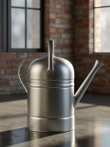 물뿌리개, 아웃도어 레저, 가정용 기기; 산업 스타일의 로프트 아파트, 드러난 벽돌, 큰 창문, 자연적인 오후의 빛; 부드러운 그림자, 높은 대비, 사진과 같은 현실감