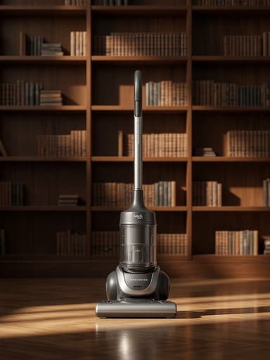 펫 전용 청소기, 청소도구, 가전제품, 클래식 도서관 설정, 나무 선반, 광택 있는 바닥, 빈티지한 미학, 부드러운 조명