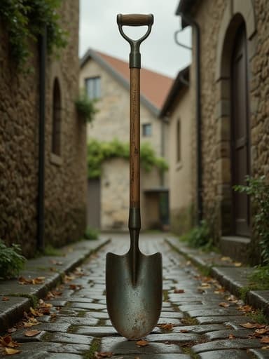 정원 삽, 실외 장비, 도구, 자갈 포장 골목, 오래된 돌벽, 흩어진 낙엽, 흐린 하늘, 빈티지, 평온한, 시골
