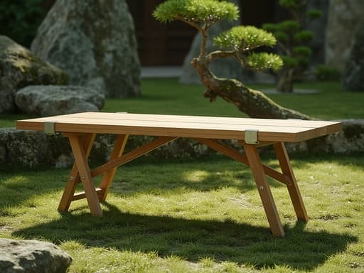 캠핑 테이블, 야외 장비, 목재, 일본식 정원, 암석 구조물, 분재 나무, 이끼로 덮인 돌, 햇빛이 비치는 그림자, 부드러운 그림자, 평화로운, 고요한