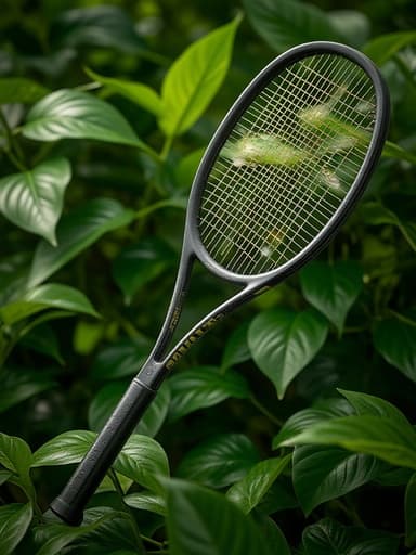 테니스 라켓, 야외 스포츠, 장비, 새 잎 배경, 생생한 녹색, 부드러운 자연광, 신선함, 활기참, 자연스러움