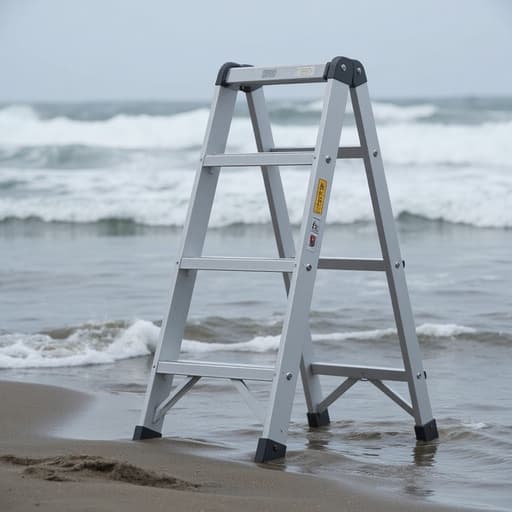 접이식 사다리, 젖은 모래, 몰아치는 파도, 거품, 해변, 자연스러운, 흐린 하늘, 바람이 부는, 사진과 같은 현실감