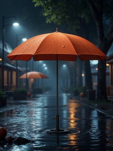 해변 파라솔, 도시 거리, 저녁, 자연광, 사진 현실적