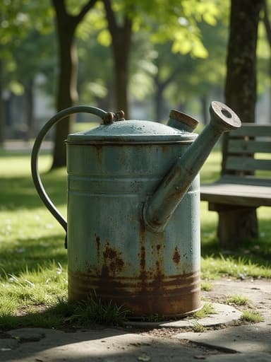 물뿌리개, 야외, 여가, 도시의 공원 벤치, 햇빛이 비치는 그림자, 자연스러운