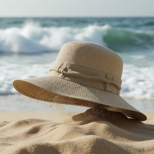 모자, 야외 패션, 직물 텍스처, 햇볕에 바랜 가장자리, 세부적인 스티칭, 파도가 몰아치는, 거품이 이는 바다, 흐린 하늘, 흩날리는 모래, 부드러운 바람, 현실적인 바닷바람 효과