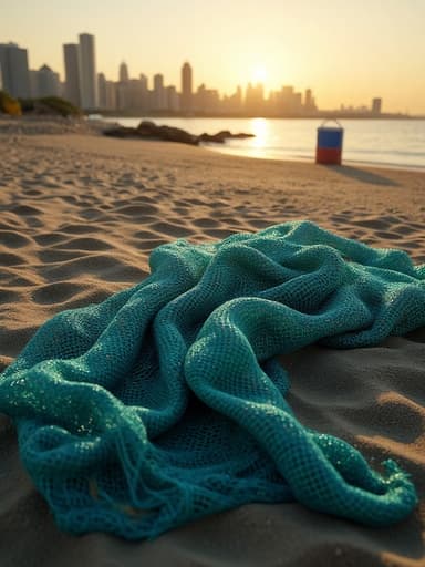 비치 그물, 야외 장비, 그물; 황혼의 도시 풍경, 황금 시간대, 깊은 그림자, 배경의 도시 스카이라인; 부드러운 빛, 대기적인 관점