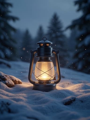 캠핑 랜턴, 실외 장비, 랜턴, 조명, 눈 덮인 땅, 소나무 배경, 어두운 흐린 하늘, 주변 겨울 빛